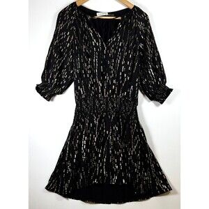 Ramy Brook Dress Womens XS Black Metallic‎ Mini Smocked Waist Puff Sleeve Party